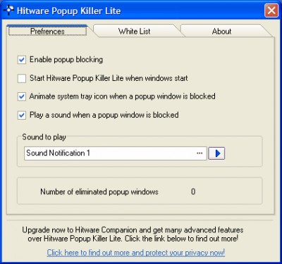 Hitware Popup Killer Lite 3.1.1 screenshot