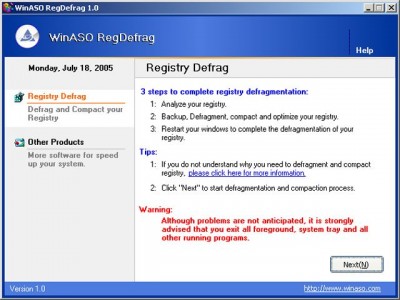 WinASO RegDefrag 1.0 screenshot